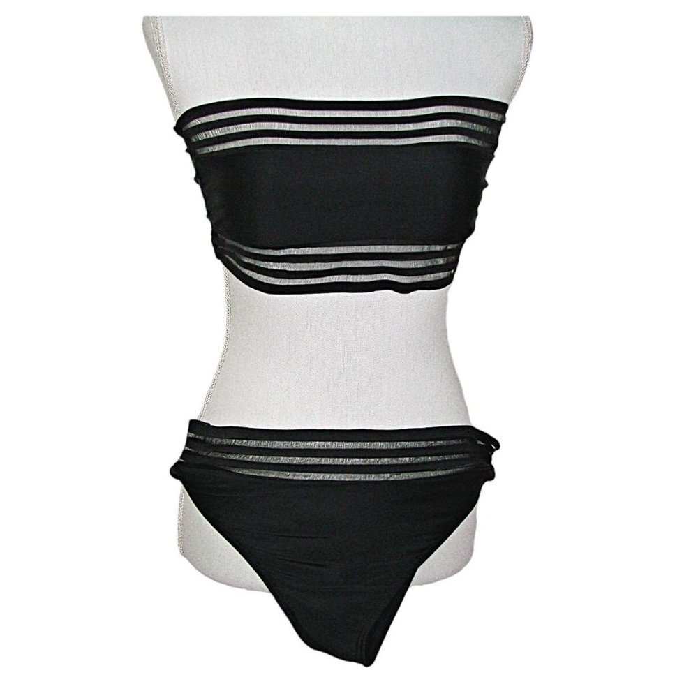 2 Piece Bandeau Bikini Set Womens Black Comfort Stretch Strapless Size Medium